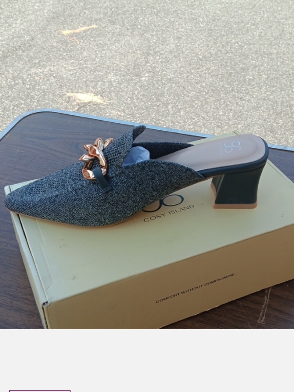 Cosy Island Gray Chain-Detail Slip-On Mules